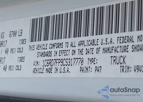 2012 Ram 1500 St z USA, uszkodzony, nr VIN 1C6RD7FP9CS317770